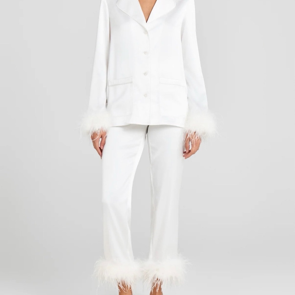 White Feather Trim Pajama Set silk